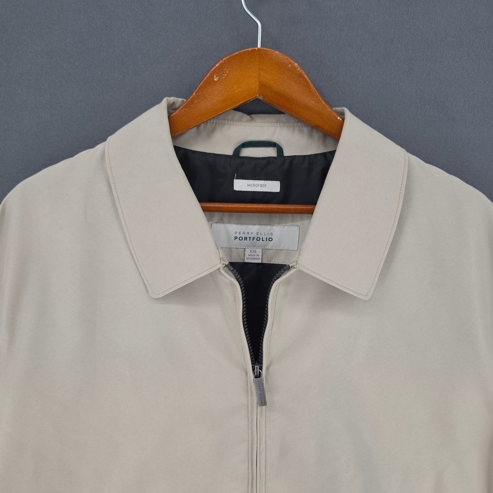 Perry Ellis Portfolio Mens Beige Microfiber Full Zip Jacket XXL Tan Harrington